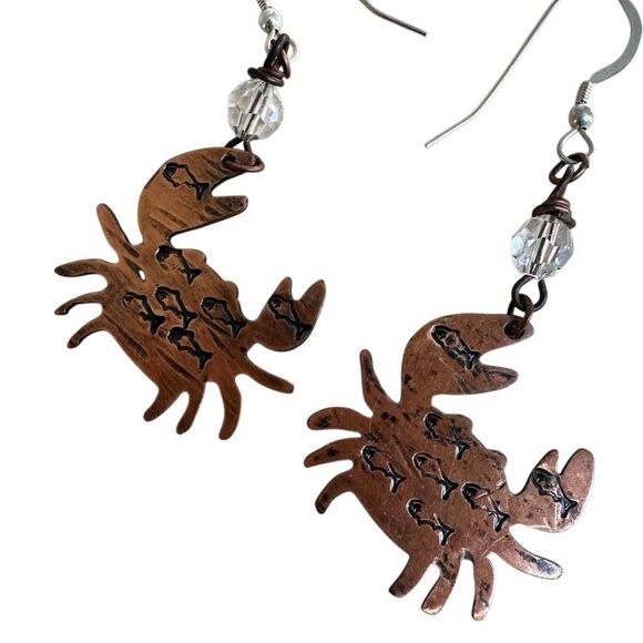 Handmade Copper Crab Earrings with Etched Fish & Crystal Beads - Picture 10 of 10